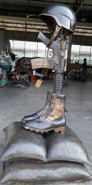 War Memorial Battle Cross Modern Boots Gun Sandbags Statue